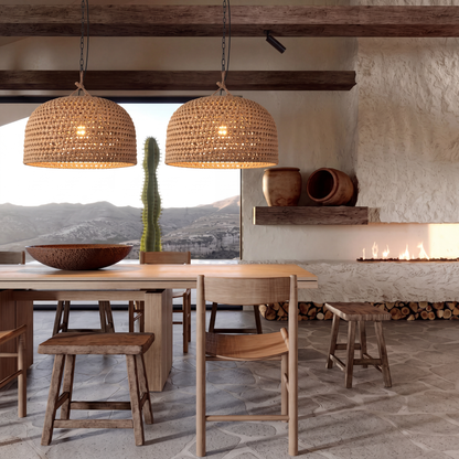 Hand-Woven Jute Rope Pendant Light - Coastal Dome Basket Chandelier