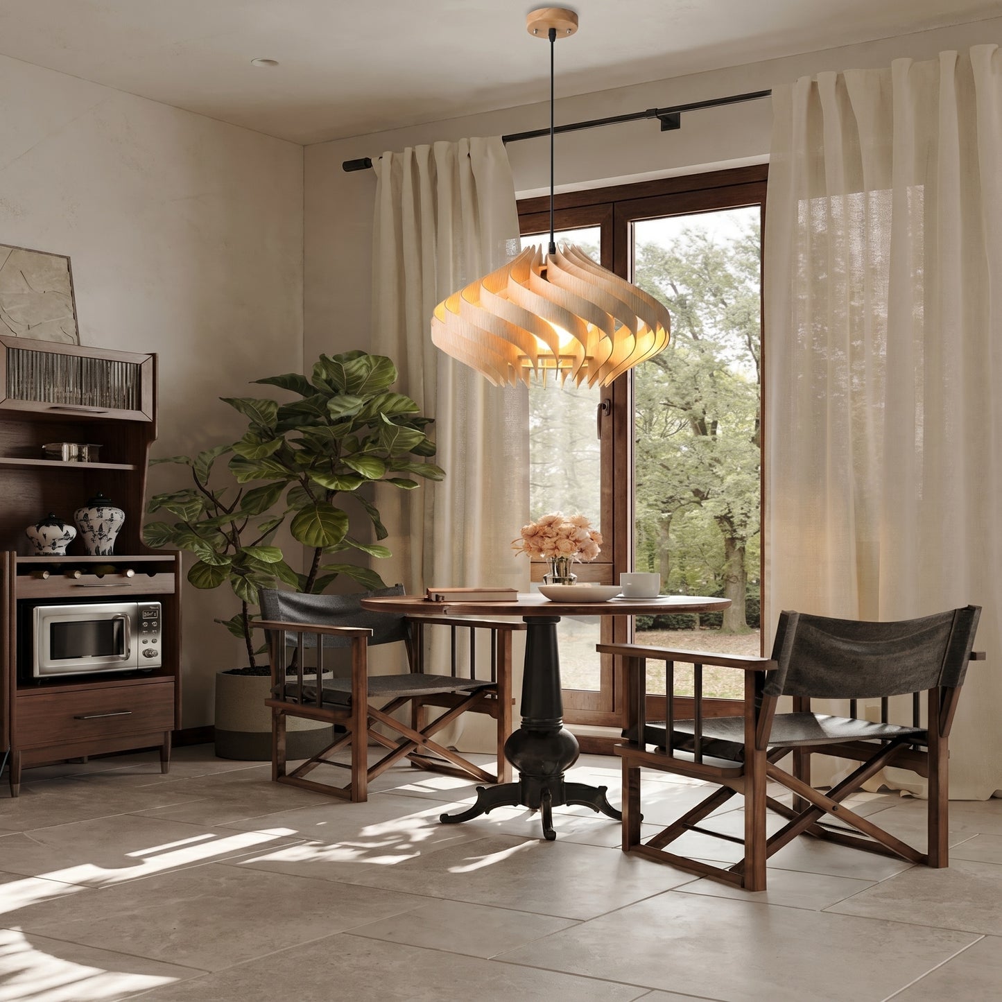 Modern Curved Wood Veneer Swirl Pendant Light - Japandi Onion Dome Chandelier