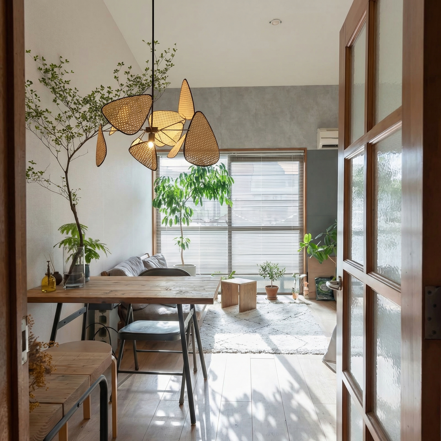 Modern Rattan Pendant Light – Artistic Multi-Leaf Woven Chandelier for Dining & Living Room