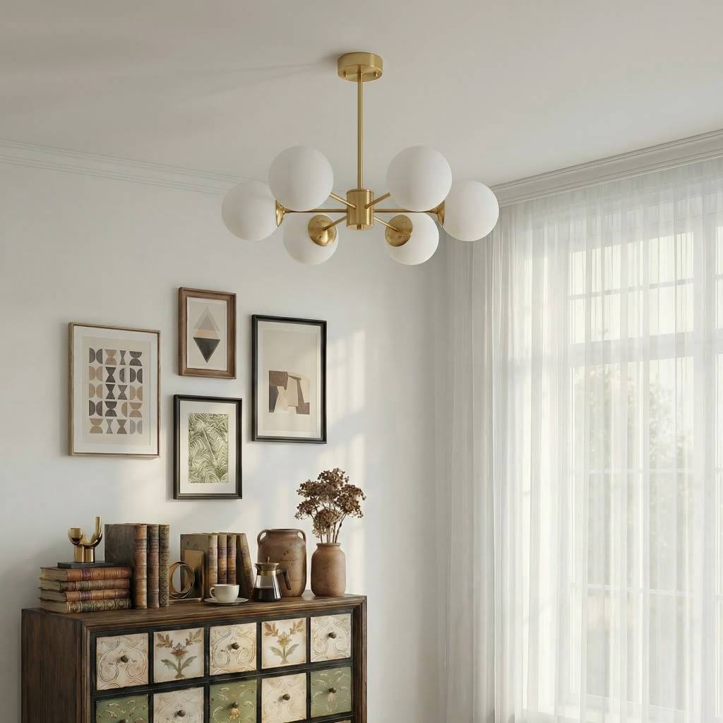Modern Brass Sputnik Chandelier - 6-Light Opal Globe Chandelier