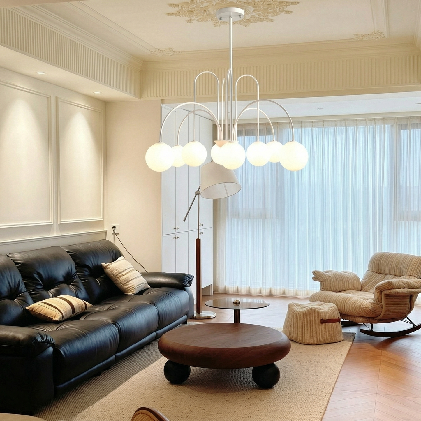 Modern Gooseneck Globe Chandelier - Mid-Century Black Arched Pendant Light
