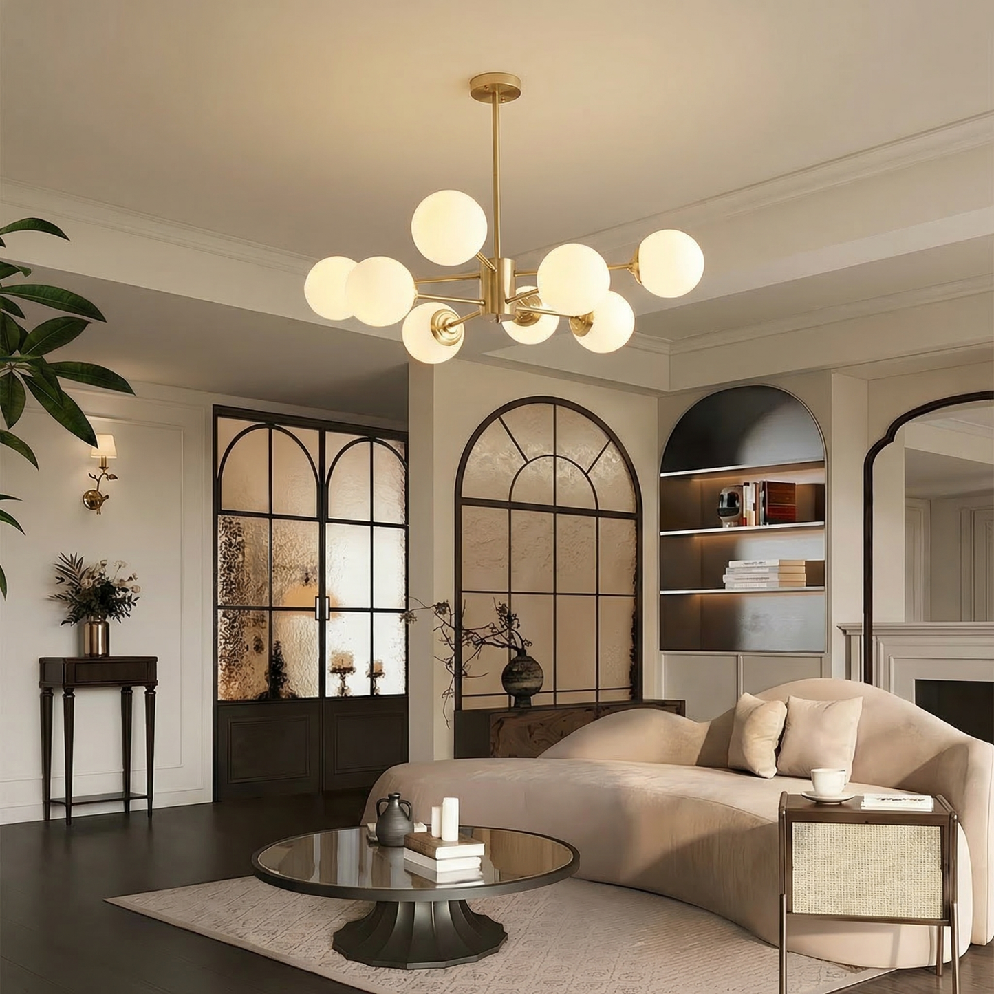 8-light Sputnik Gold Chandelier Brass Ceiling Light Opal Globe Molecular