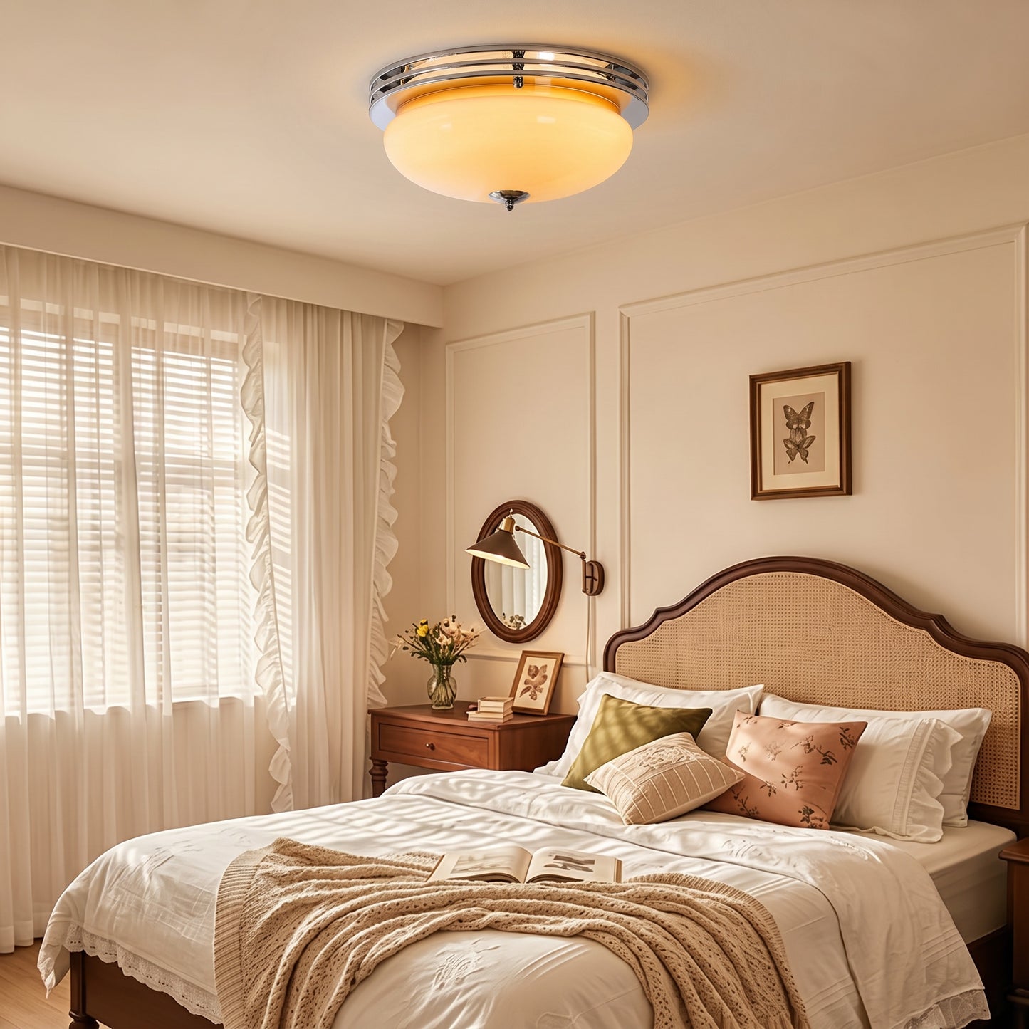Mid-Century Bauhaus Chrome Flush Mount Ceiling Light - Amber Glass Bowl
