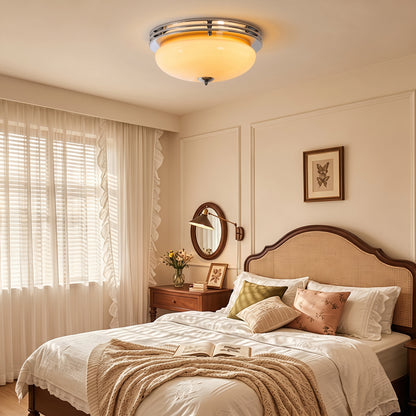 Mid-Century Bauhaus Chrome Flush Mount Ceiling Light - Amber Glass Bowl