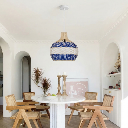 Blue & White Striped Rattan Pendant Light - Woven Nautical Lamp