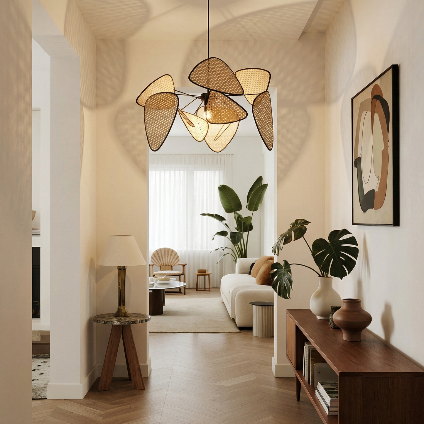 Modern Rattan Pendant Light – Artistic Multi-Leaf Woven Chandelier for Dining & Living Room