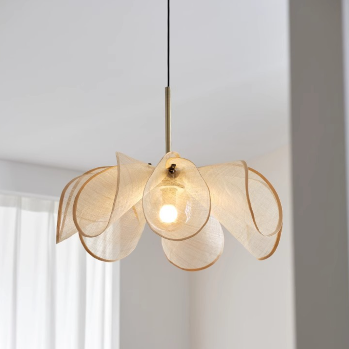 French Petal Linen Pendant Light - Floral Fabric Chandelier Boho