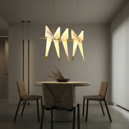 5-Bird Linear Origami Pendant | Grand Gold Kitchen Island Feature