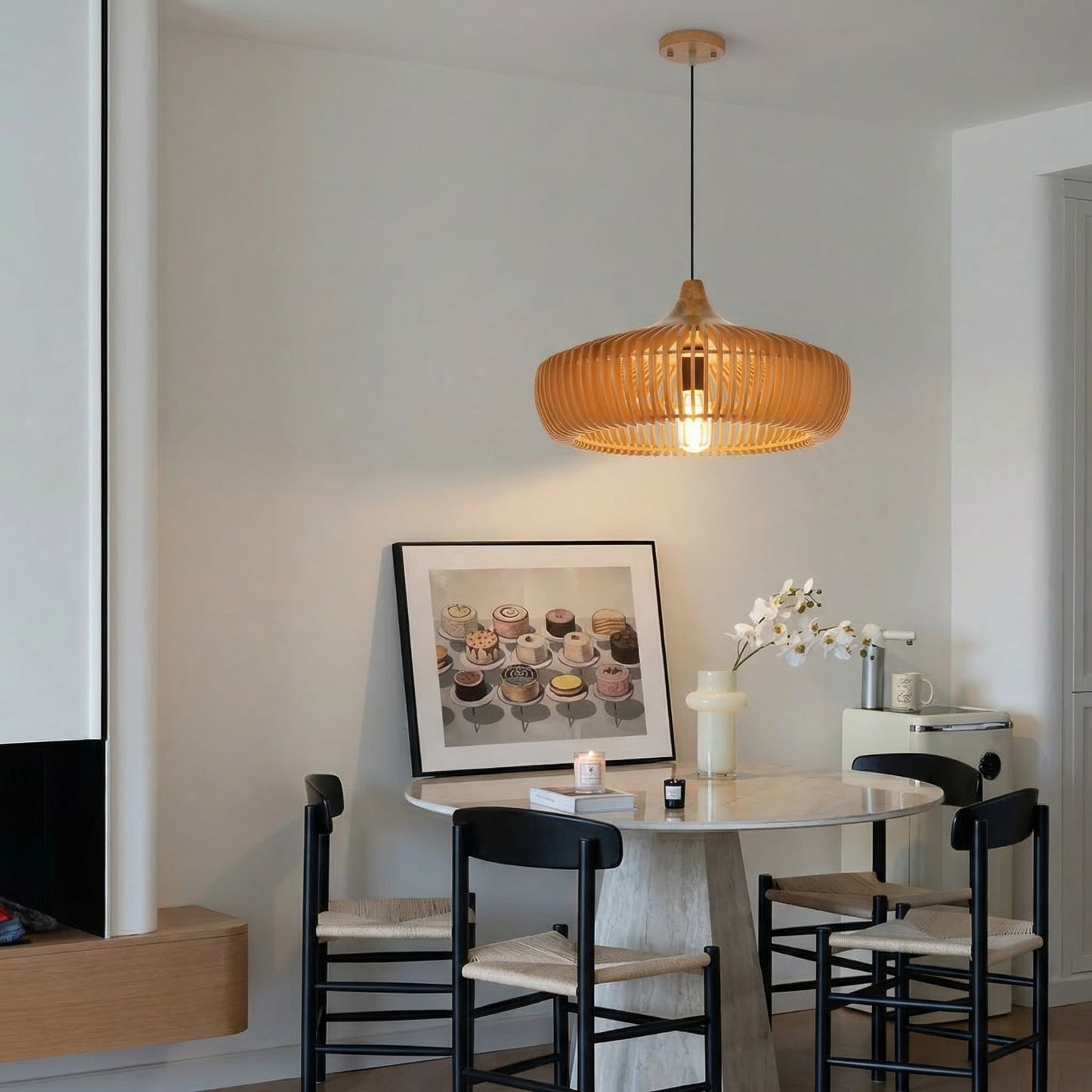 Handcrafted Natural Wood Fin Chandelier - Scandi Style Hanging Lamp