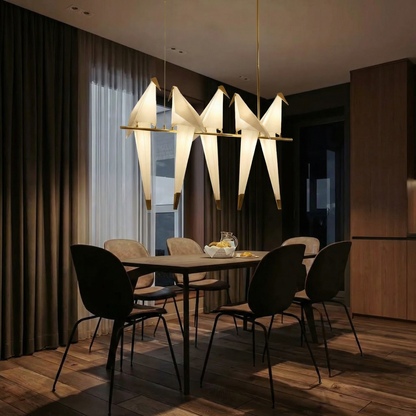 5-Bird Linear Origami Pendant | Grand Gold Kitchen Island Feature