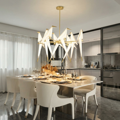 Large 8 Lights Origami Bird Chandelier - Gold Branching Perch Lamp