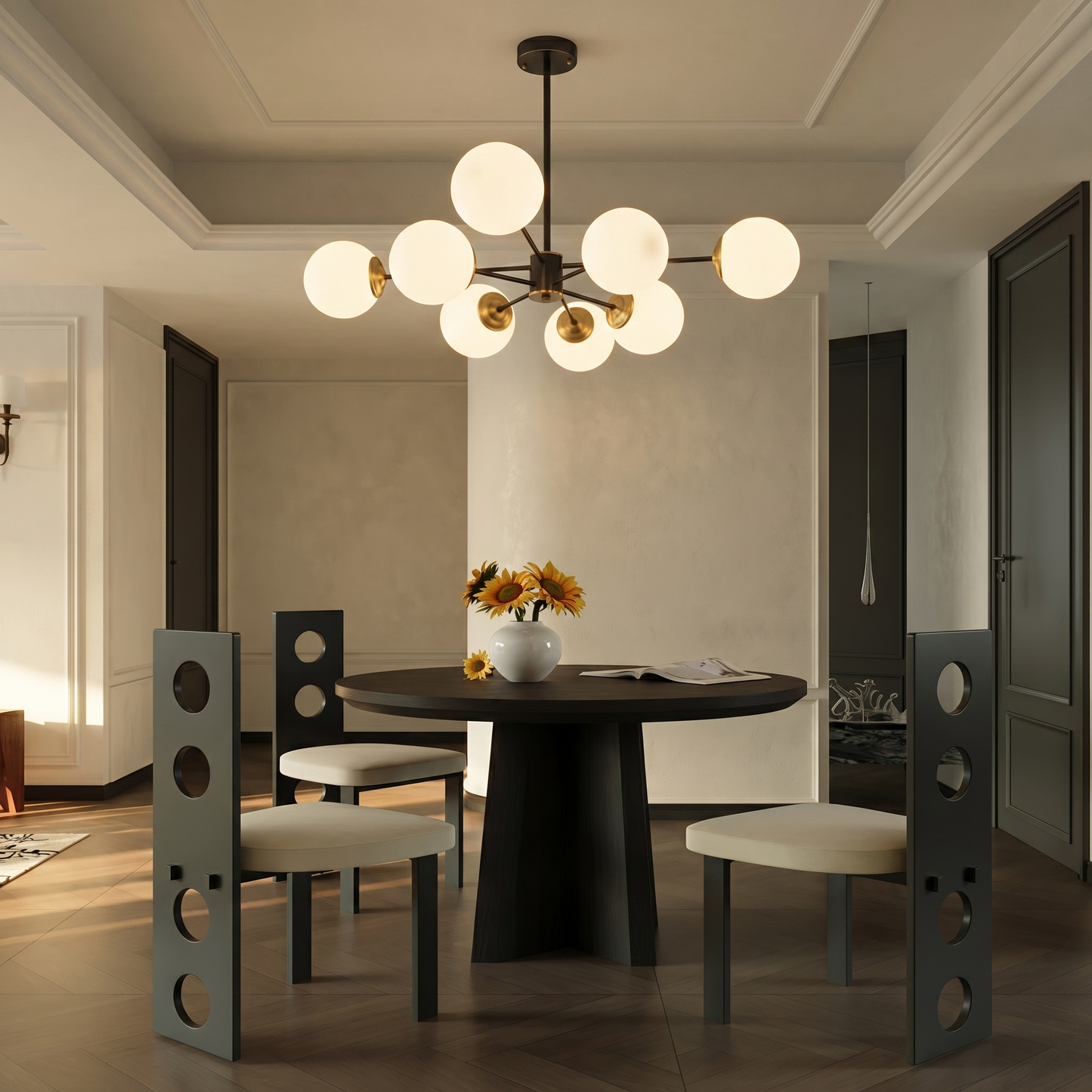 Modern Dual-Tier Globe Chandelier Mid-Century Black & Gold 10-Light Chandelier