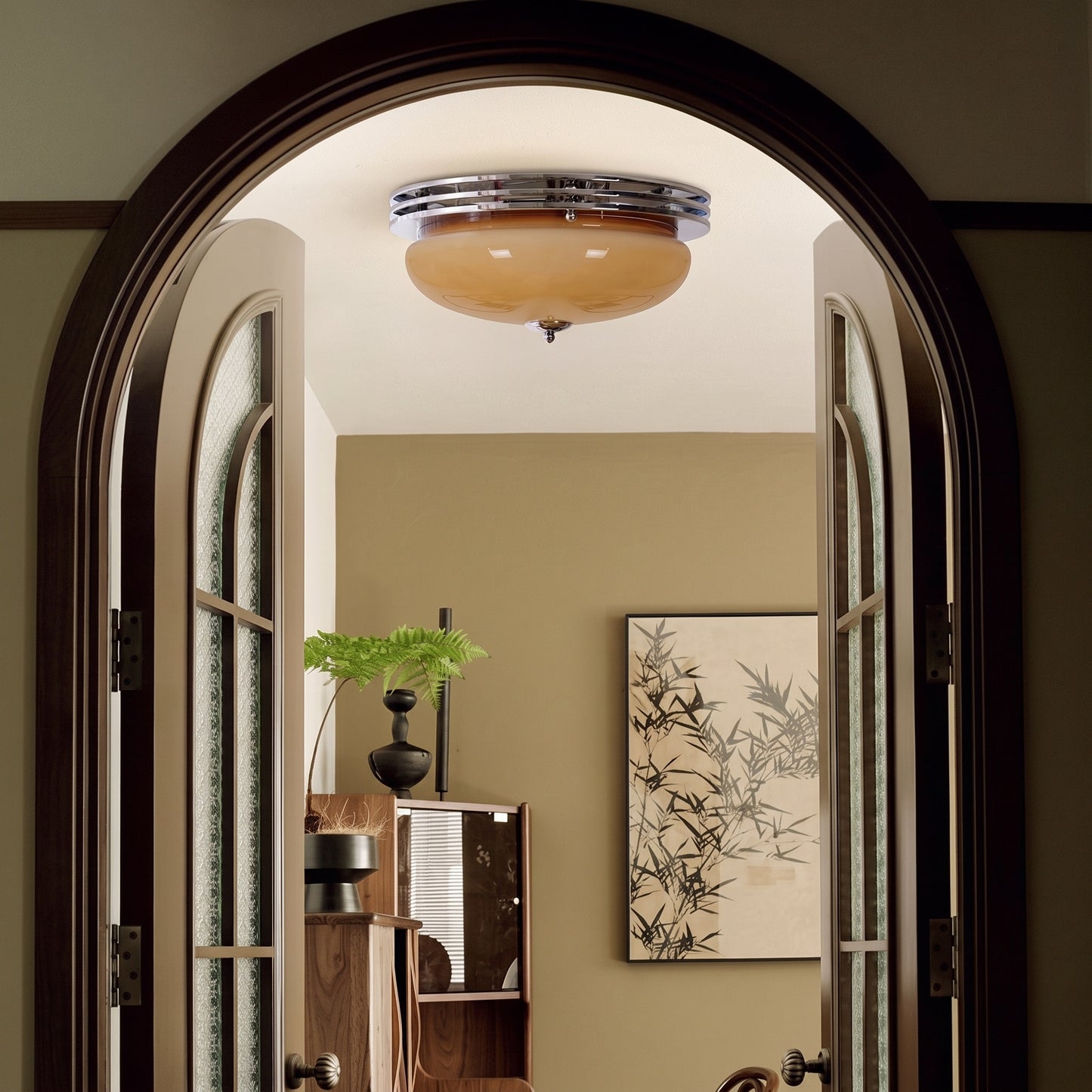Mid-Century Bauhaus Chrome Flush Mount Ceiling Light - Amber Glass Bowl