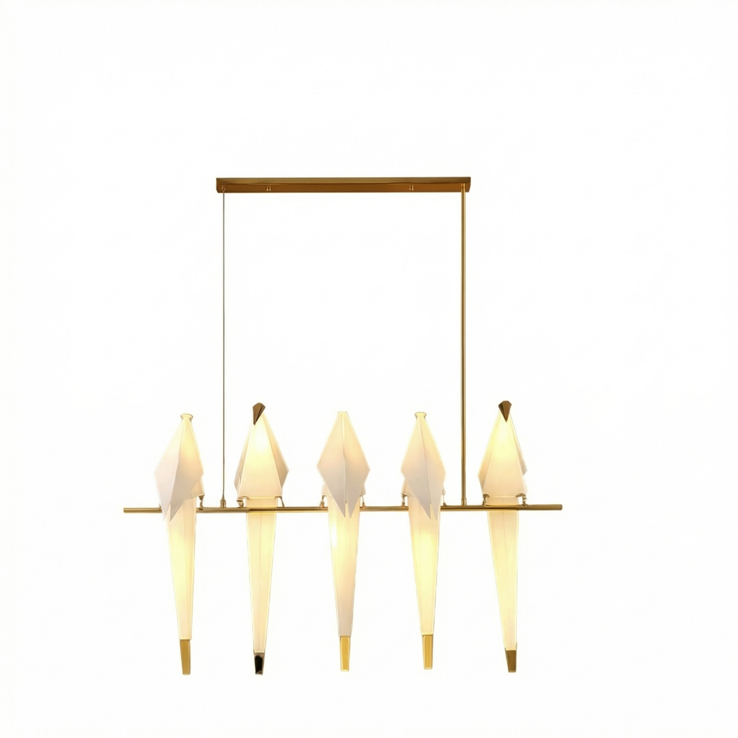 5-Bird Linear Origami Pendant | Grand Gold Kitchen Island Feature