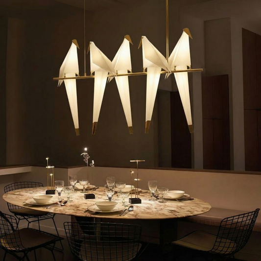 5-Bird Linear Origami Pendant | Grand Gold Kitchen Island Feature