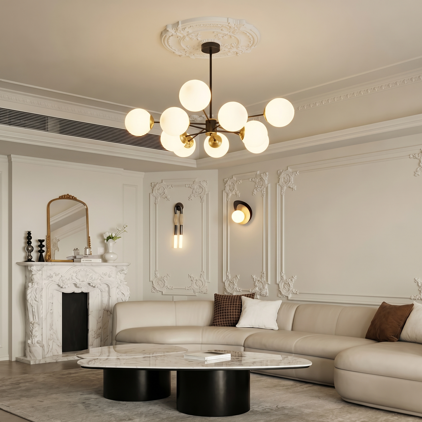 Modern Dual-Tier Globe Chandelier Mid-Century Black & Gold 10-Light Chandelier