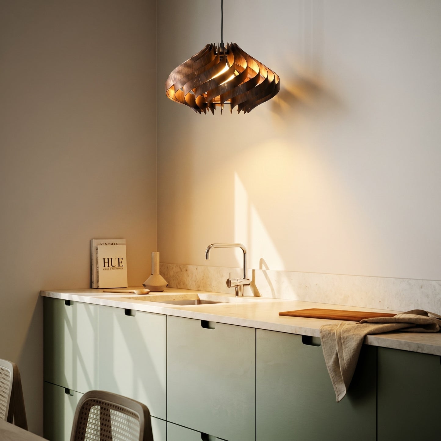 Modern Curved Wood Veneer Swirl Pendant Light - Japandi Onion Dome Chandelier