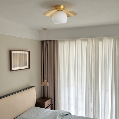 Modern Brass Cap Hallway Ceiling Light - Mid-Century Opal Glass Flush Mount