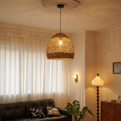 Natural Seagrass Pendant Light Handmade Lampshade - Japandi Open Lattice Dome