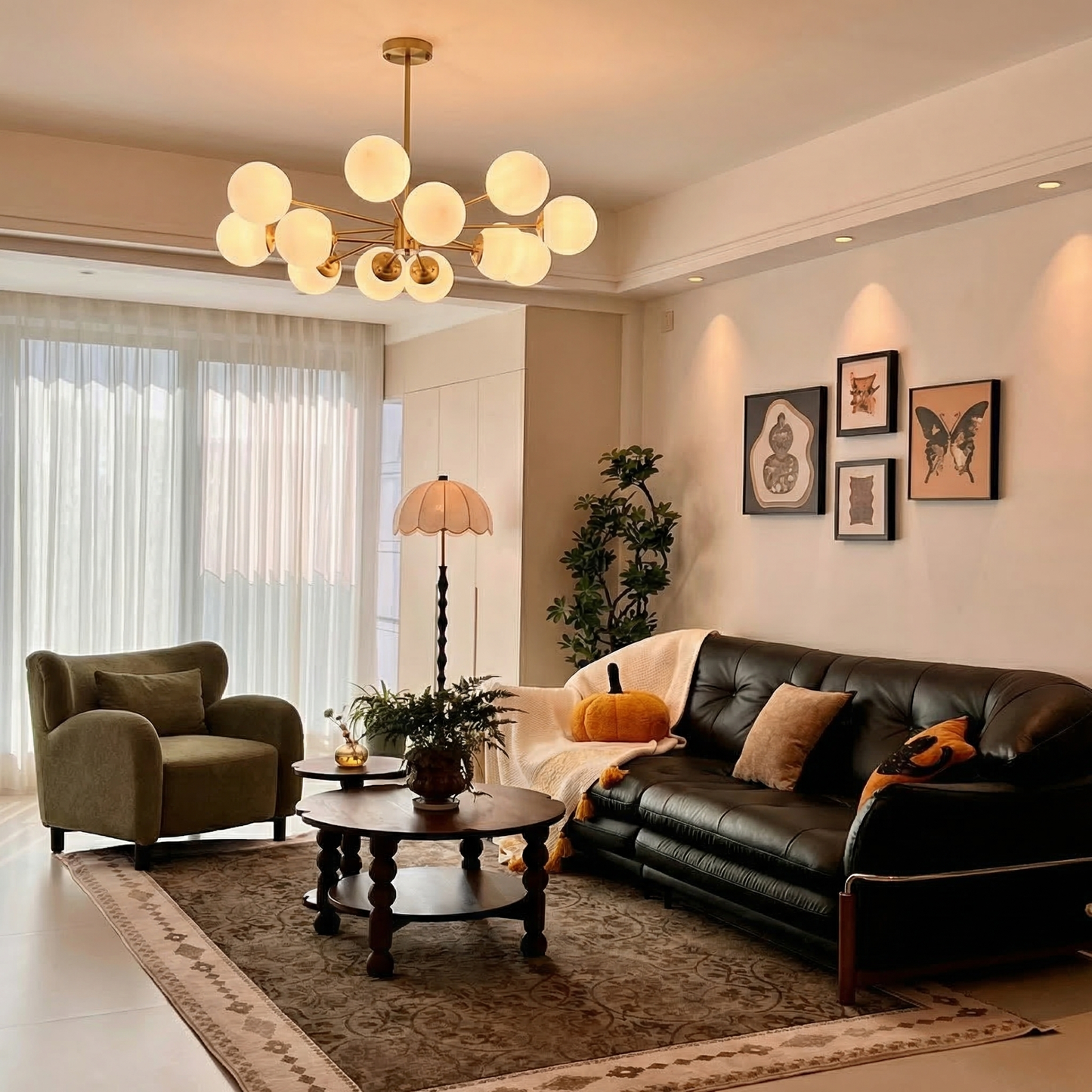Large 12-Light Modern Brass Sputnik Chandelier - Opal Globe Lamp