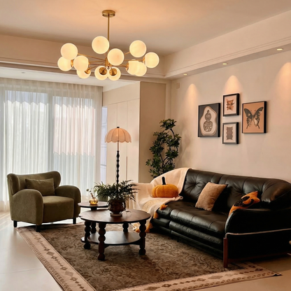 Large 12-Light Modern Brass Sputnik Chandelier - Opal Globe Lamp