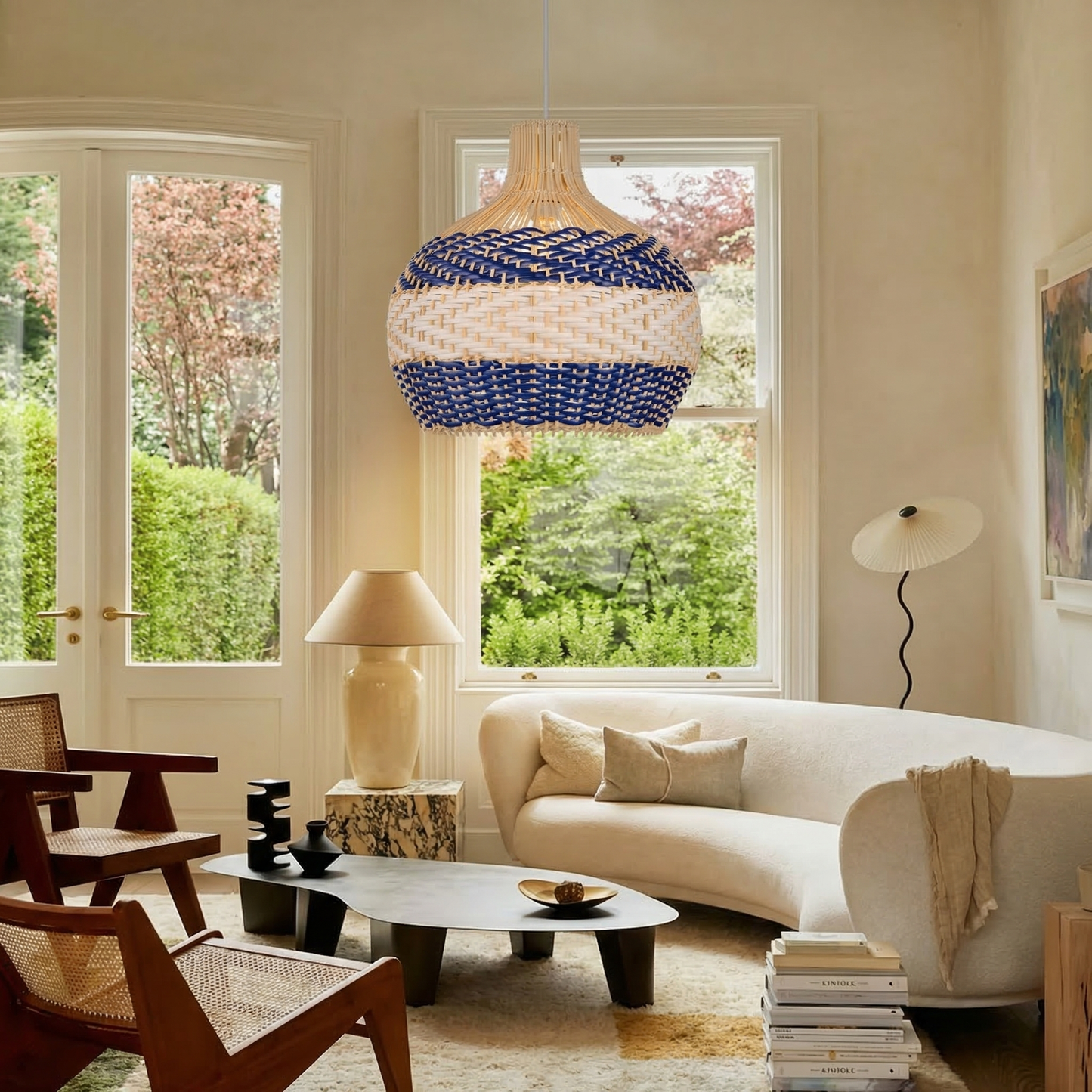 Blue & White Striped Rattan Pendant Light - Woven Nautical Lamp