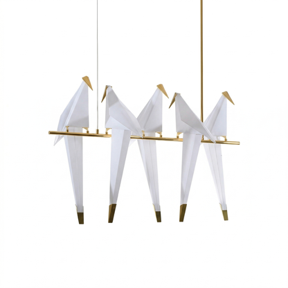 5-Bird Linear Origami Pendant | Grand Gold Kitchen Island Feature
