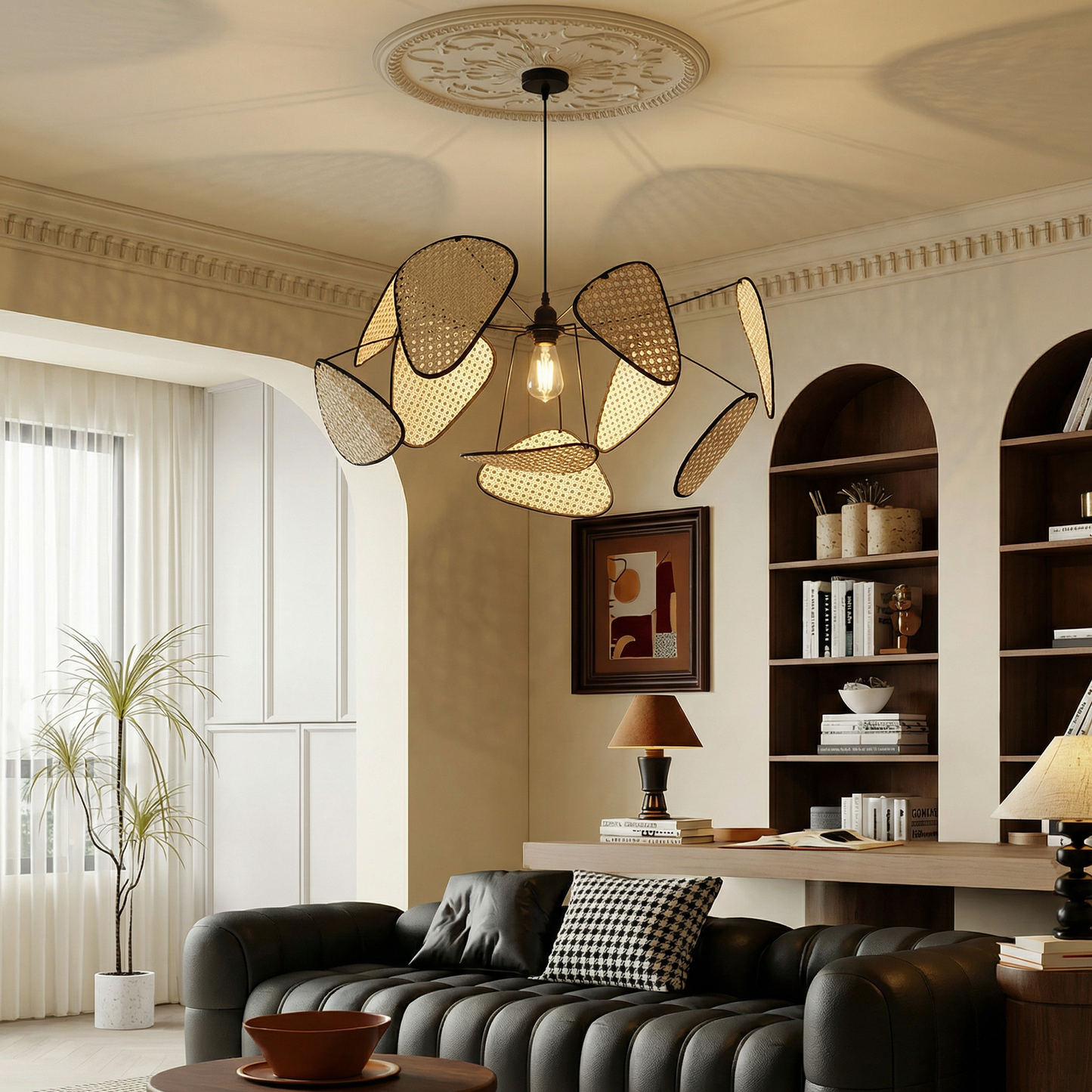 Modern Rattan Pendant Light – Artistic Multi-Leaf Woven Chandelier for Dining & Living Room