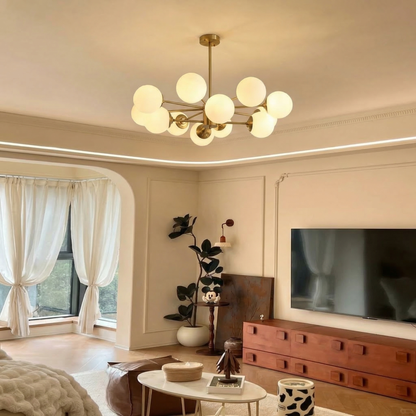 Large 12-Light Modern Brass Sputnik Chandelier - Opal Globe Lamp