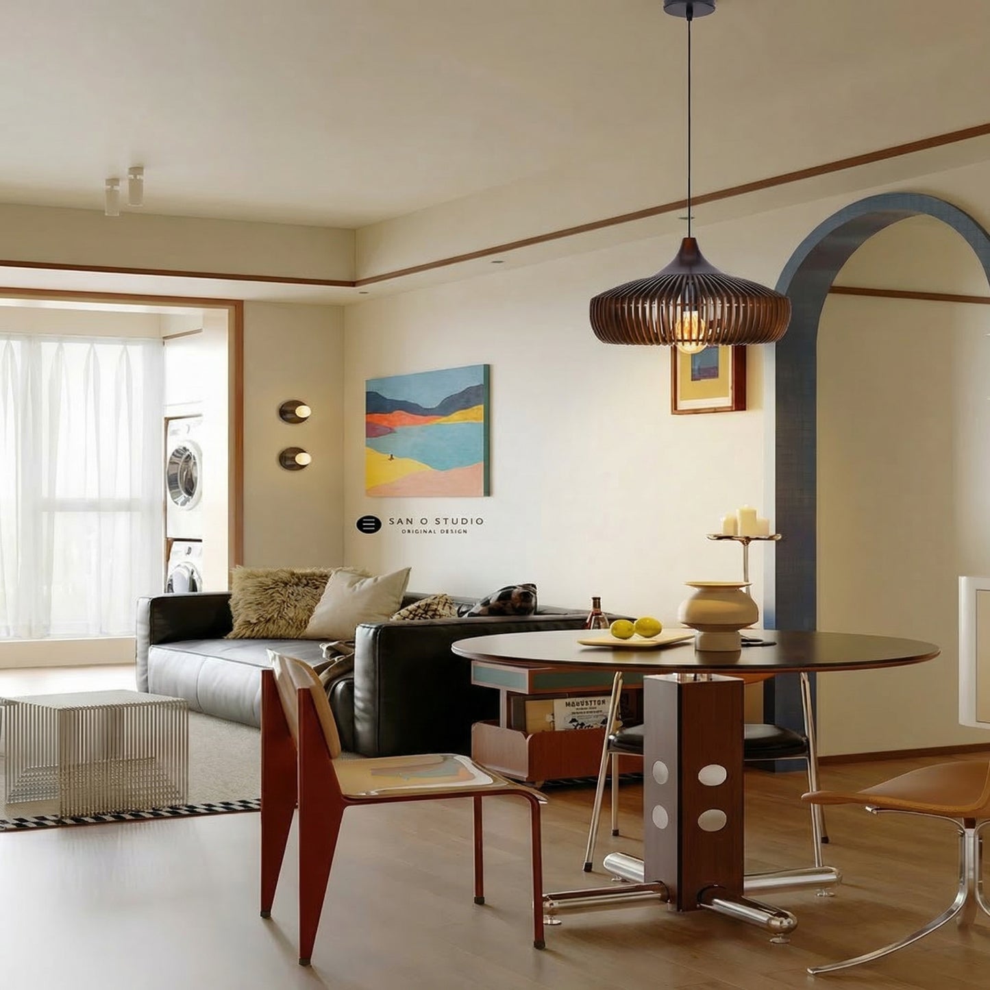 Handcrafted Natural Wood Fin Chandelier - Scandi Style Hanging Lamp