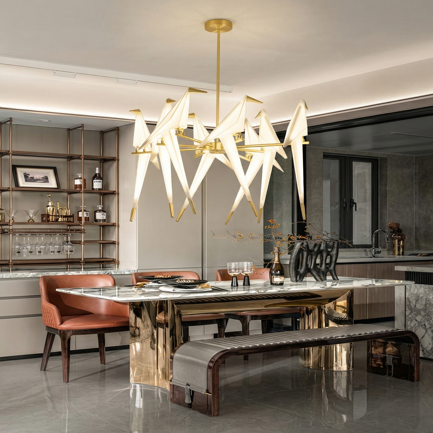 Large 8 Lights Origami Bird Chandelier - Gold Branching Perch Lamp