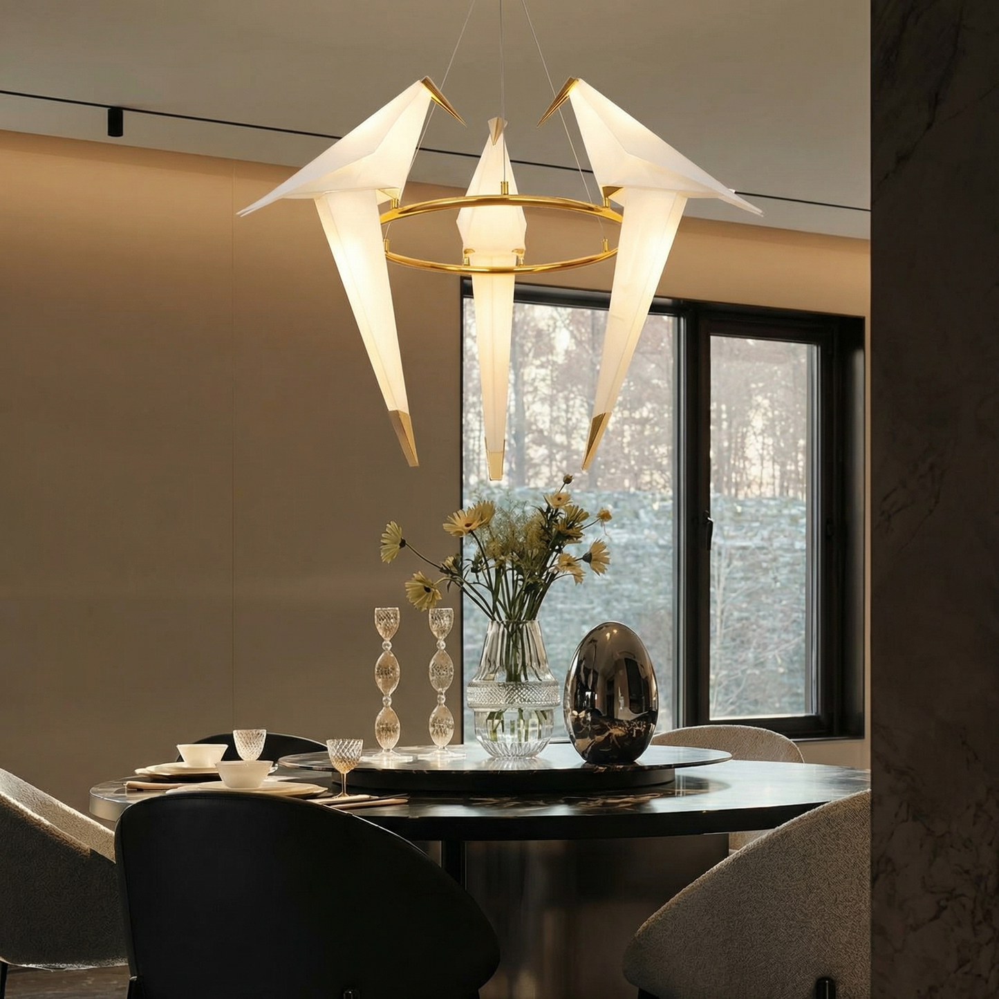 3-Bird Circular Origami Chandelier | Gold Round Dining Room Light