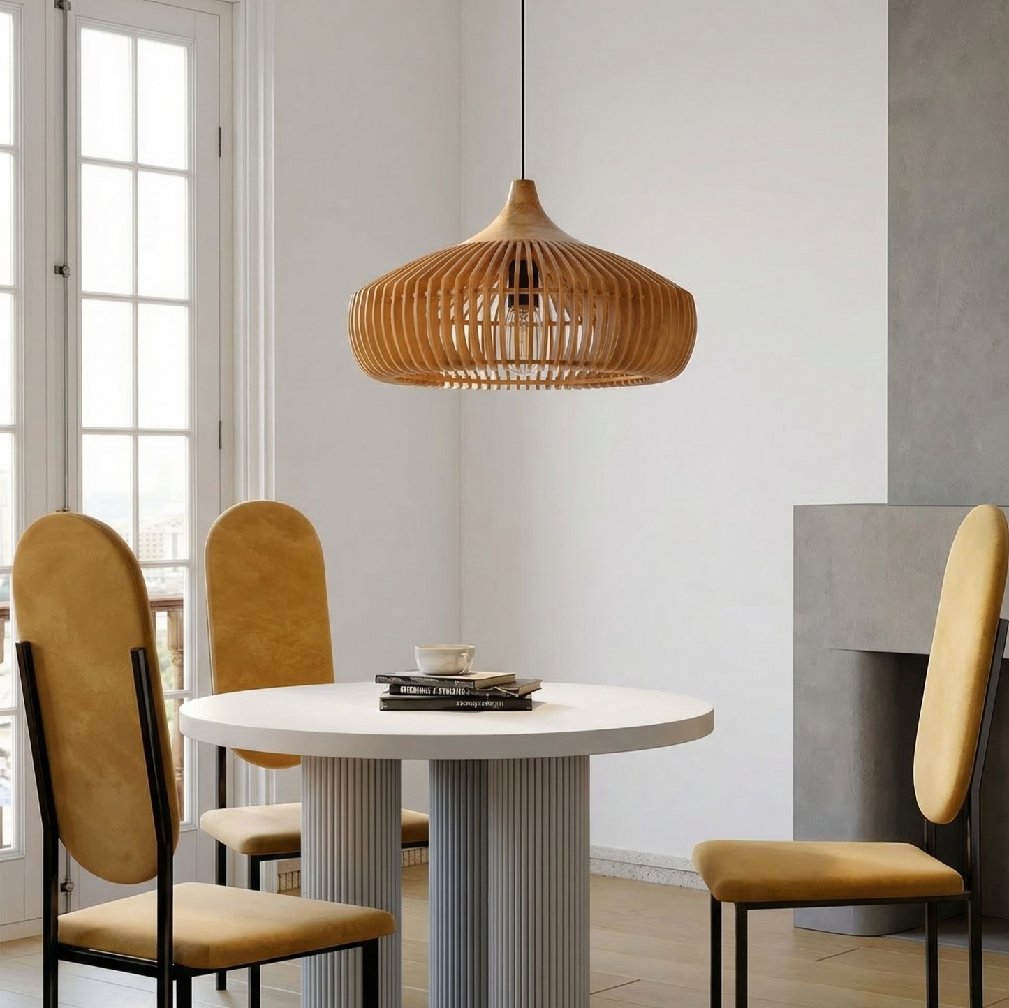 Handcrafted Natural Wood Fin Chandelier - Scandi Style Hanging Lamp