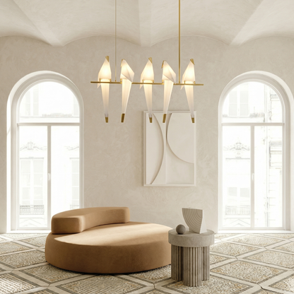 5-Bird Linear Origami Pendant | Grand Gold Kitchen Island Feature