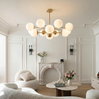 Large 12-Light Modern Brass Sputnik Chandelier - Opal Globe Lamp