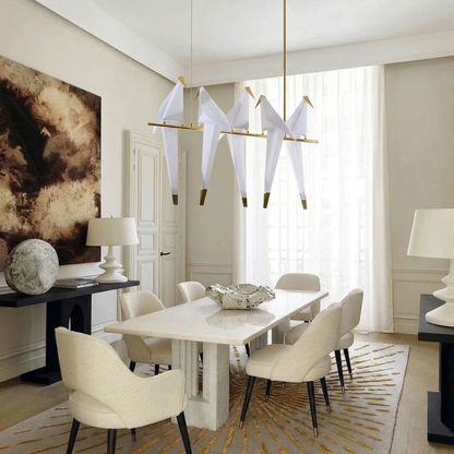 5-Bird Linear Origami Pendant | Grand Gold Kitchen Island Feature