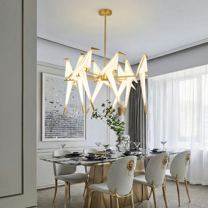 Large 8 Lights Origami Bird Chandelier - Gold Branching Perch Lamp