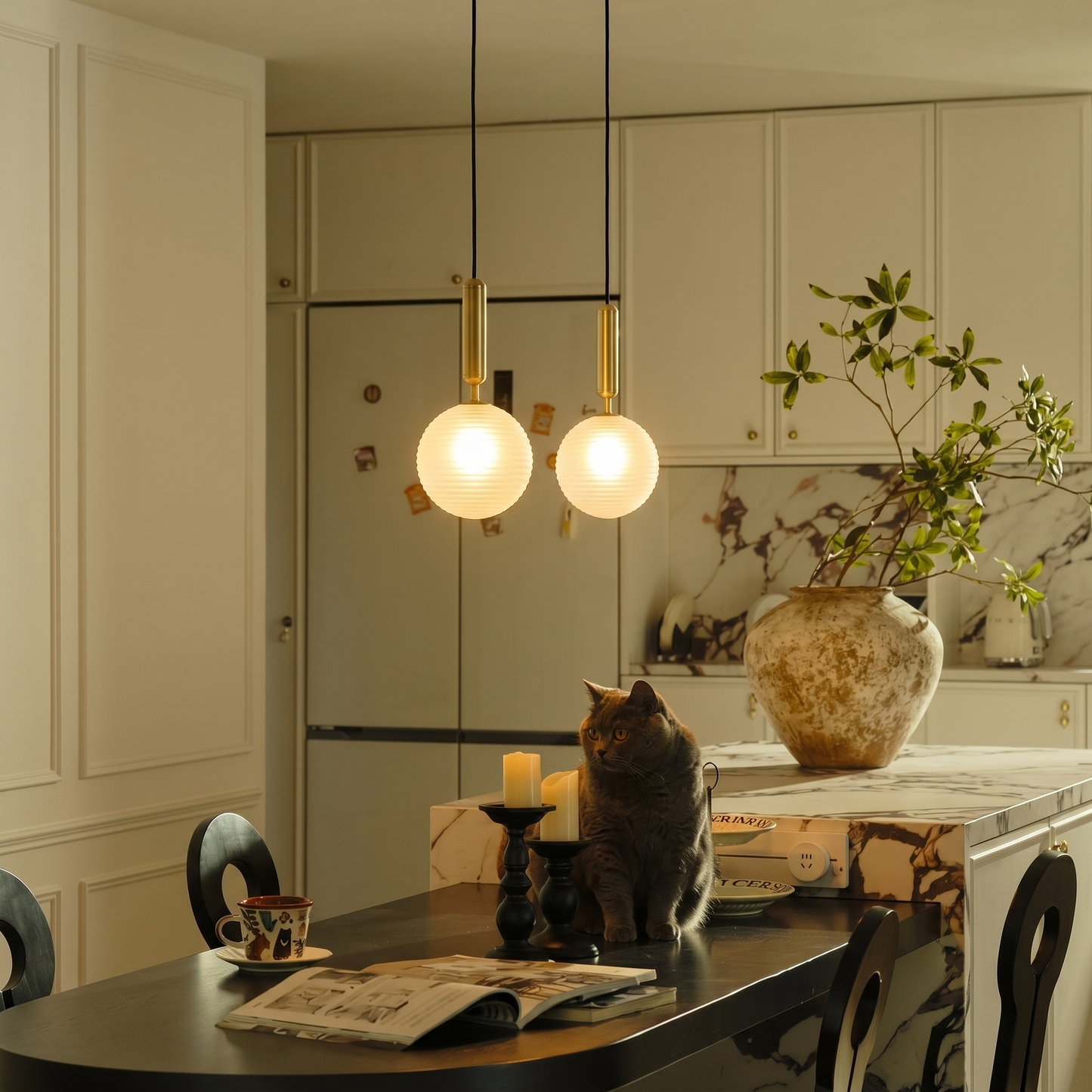 Modern Ribbed Glass Globe Chandelier - Nordic Brass Cluster Pendant Light
