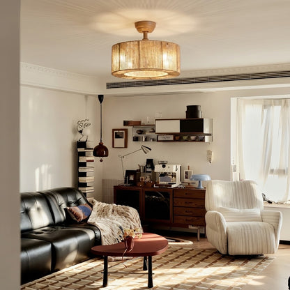 Wabi-Sabi Rope Ceiling Fan Light with Natural Wood Finish