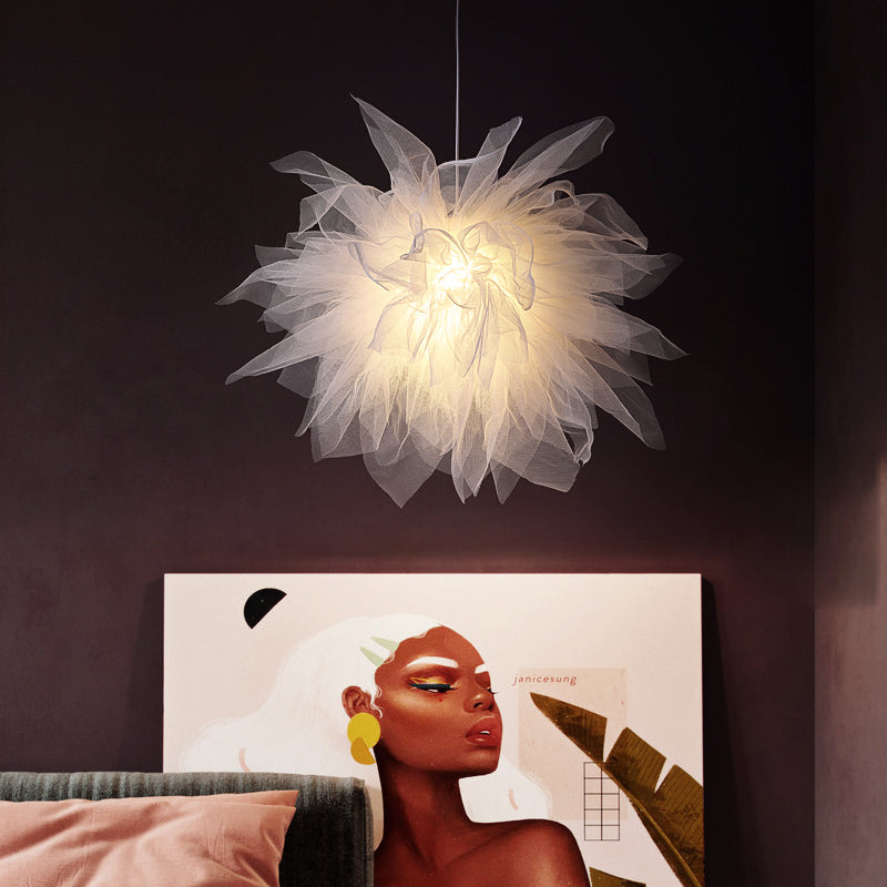 White Fabric Cloth Flower Pendant Light Fixture Nordic Hanging Ceiling Lamp