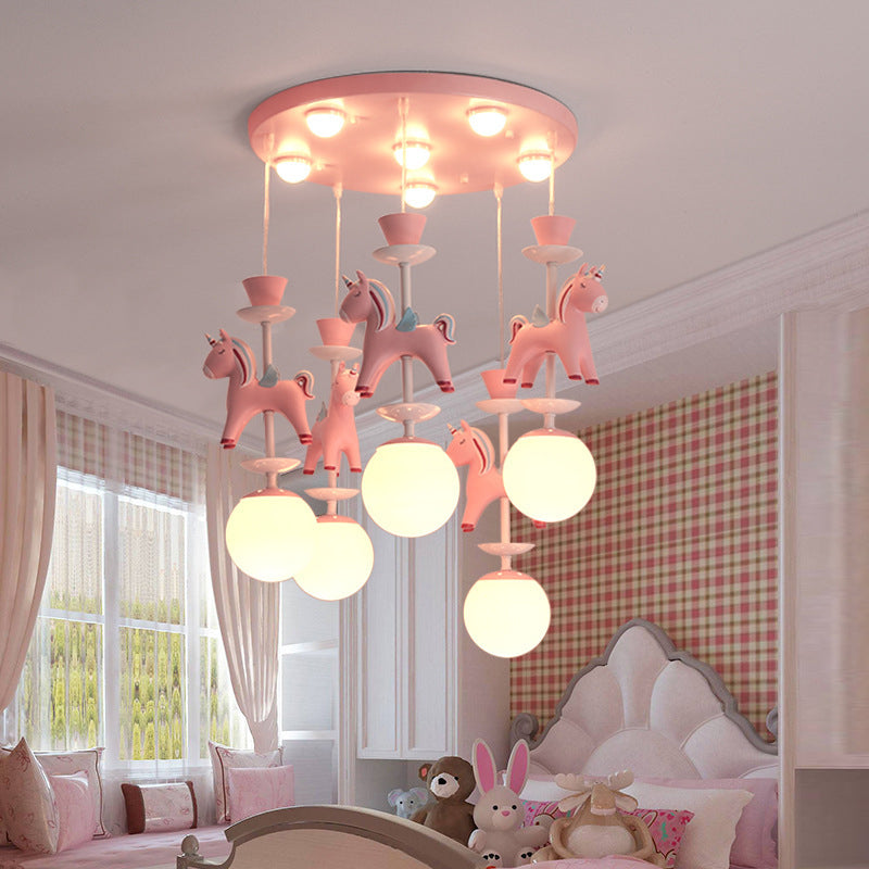 Pink Glass Ball Led Pendant Lights Children Living Room Decoration Hanging Lamp