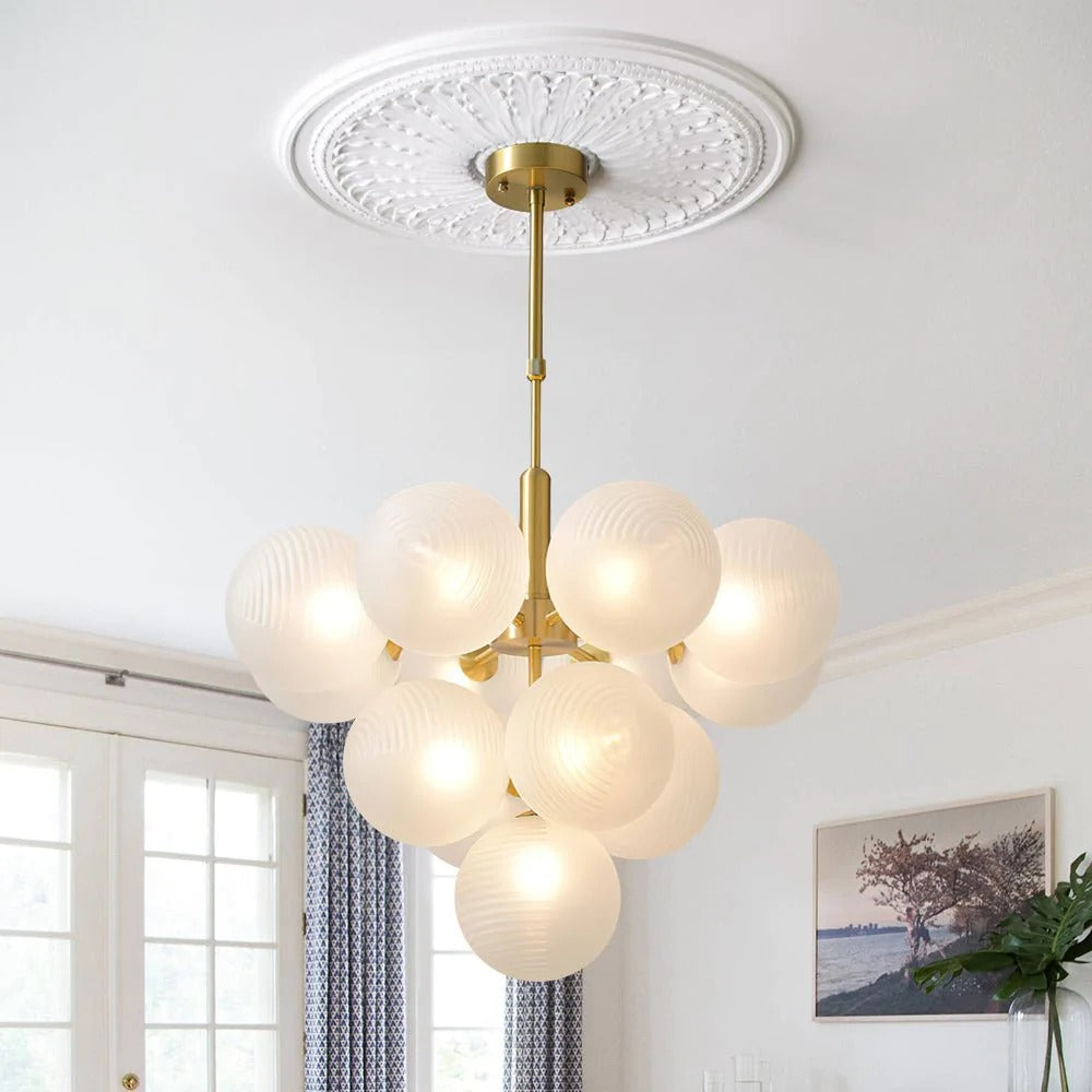 Modern Ribbed Glass Globe Chandelier - Nordic Brass Cluster Pendant Light