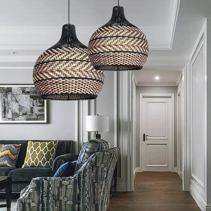 Two-Tone Rattan Pendant Light - Black & Natural Woven Bell Chandelier