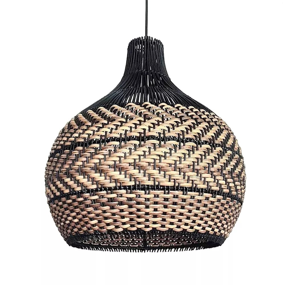 Two-Tone Rattan Pendant Light - Black & Natural Woven Bell Chandelier