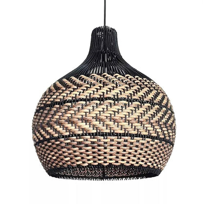 Two-Tone Rattan Pendant Light - Black & Natural Woven Bell Chandelier