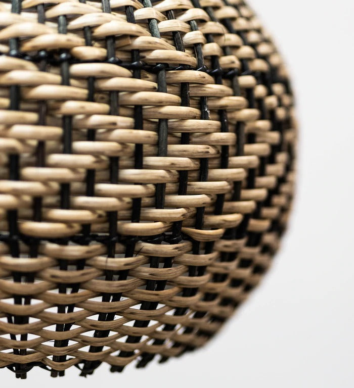 Two-Tone Rattan Pendant Light - Black & Natural Woven Bell Chandelier
