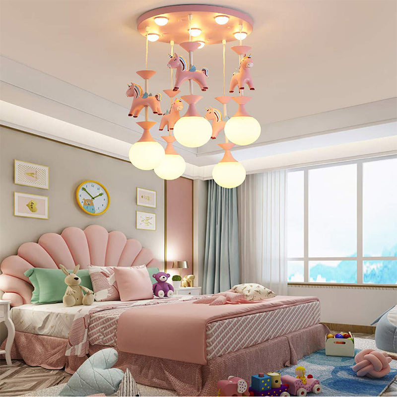 Pink Glass Ball Led Pendant Lights Children Living Room Decoration Hanging Lamp