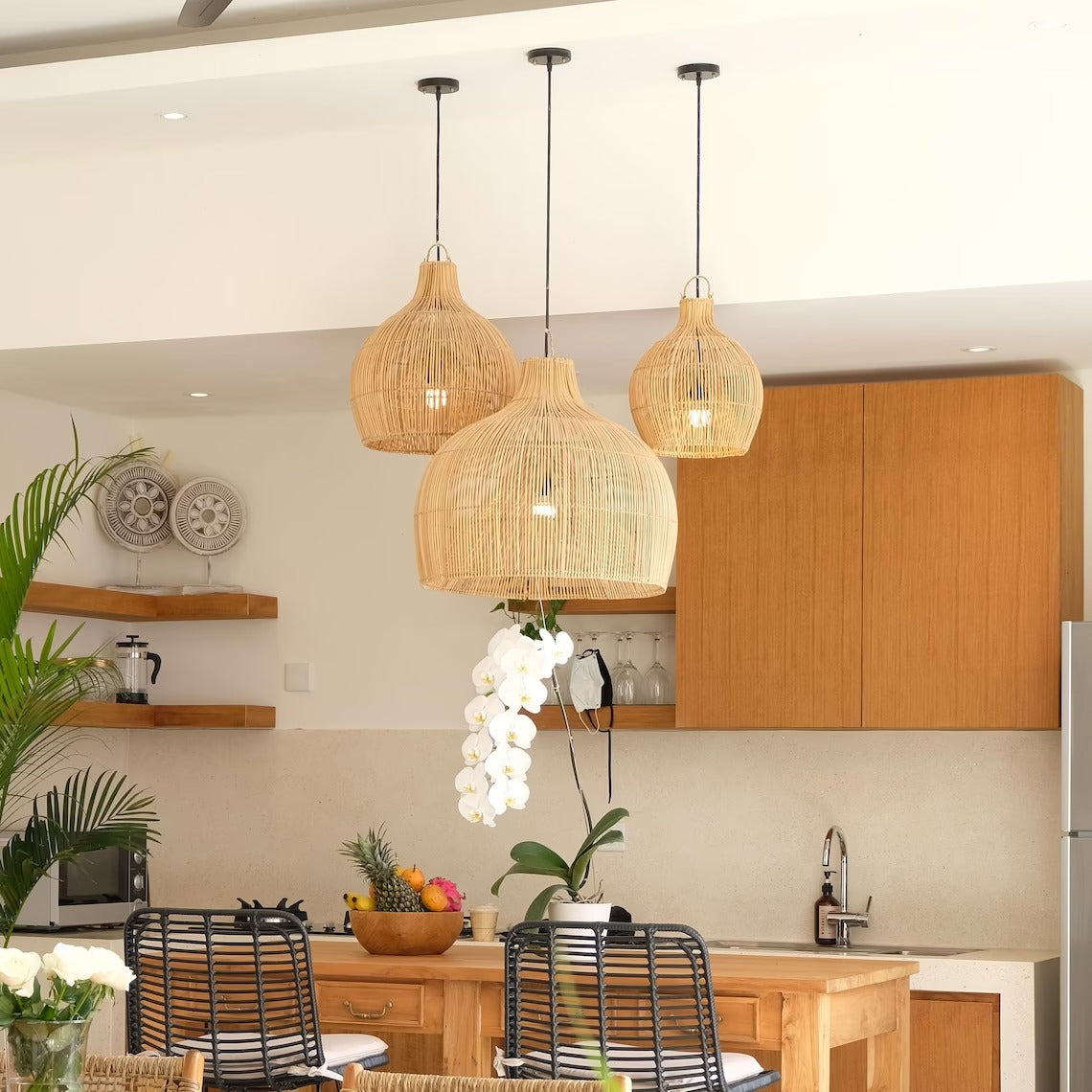 Hand-Woven Rattan Wicker Pendant Light - Japandi Gourd Chandelier