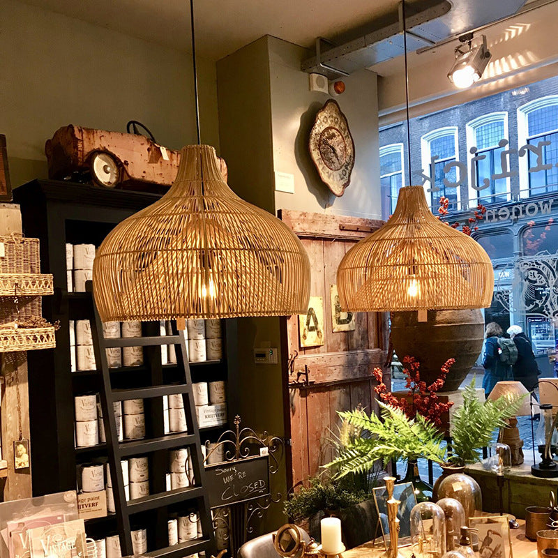 Hand-Woven Rattan Wicker Pendant Light - Japandi Gourd Chandelier