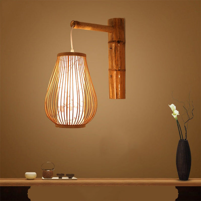 Bamboo Wicker Rattan Lantern Shade Wall Lamp Rustic Country Sconce